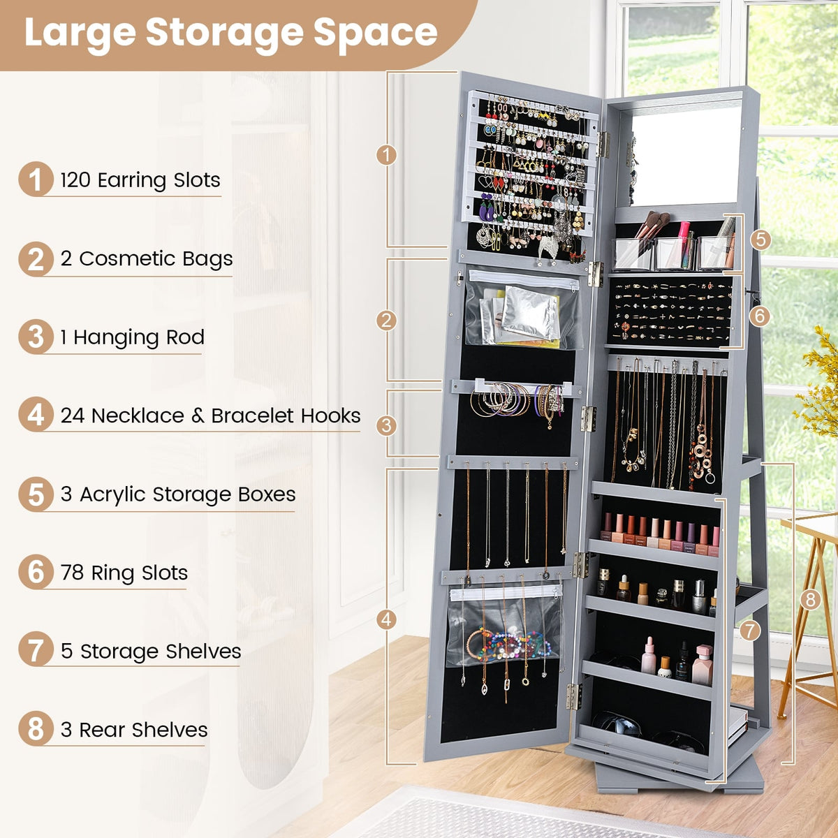 360° Rotatable 2-in-1 Lockable Jewelry Cabinet with Full-Length Mirror-Gray-Jewelry Armoires-DECOROLALA