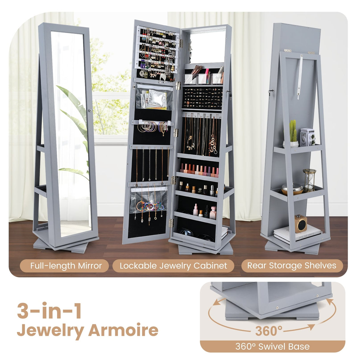 360° Rotatable 2-in-1 Lockable Jewelry Cabinet with Full-Length Mirror-Gray-Jewelry Armoires-DECOROLALA
