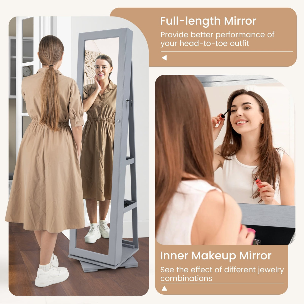 360° Rotatable 2-in-1 Lockable Jewelry Cabinet with Full-Length Mirror-Gray-Jewelry Armoires-DECOROLALA