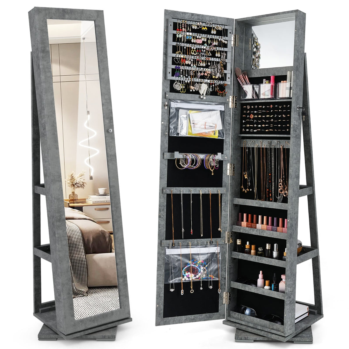 360° Rotatable 2-in-1 Lockable Jewelry Cabinet with Full-Length Mirror-Green-Jewelry Armoires-DECOROLALA
