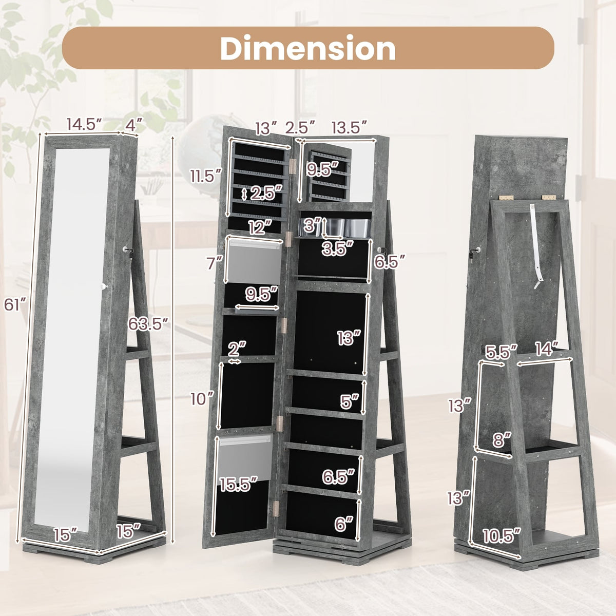 360° Rotatable 2-in-1 Lockable Jewelry Cabinet with Full-Length Mirror-Green-Jewelry Armoires-DECOROLALA