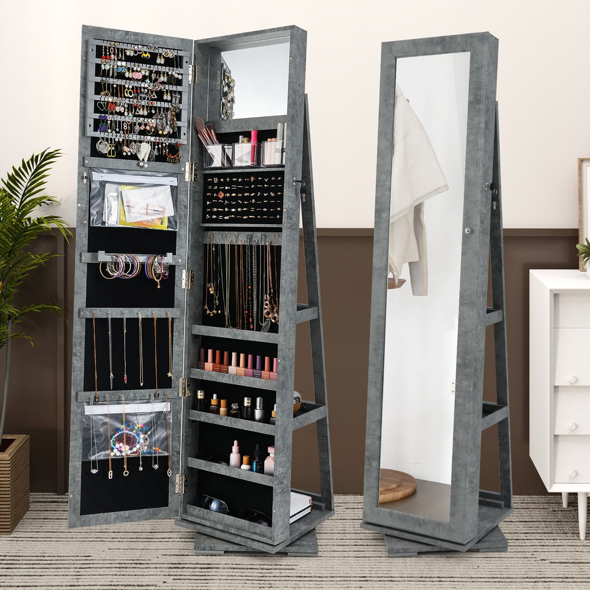360° Rotatable 2-in-1 Lockable Jewelry Cabinet with Full-Length Mirror-Green-Jewelry Armoires-DECOROLALA