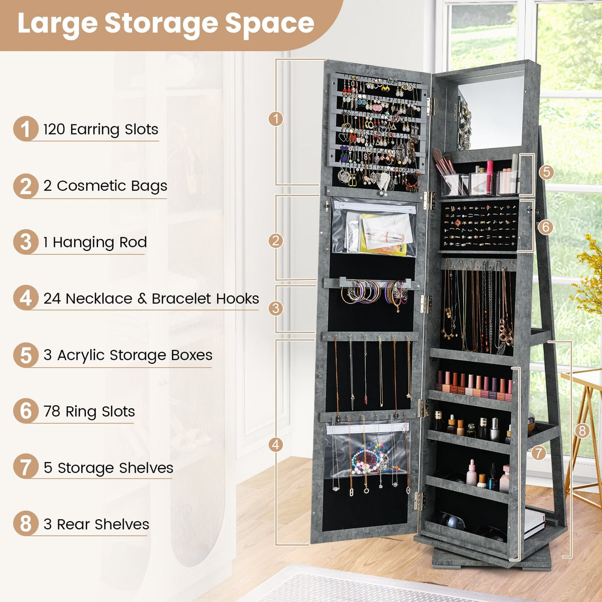 360° Rotatable 2-in-1 Lockable Jewelry Cabinet with Full-Length Mirror-Green-Jewelry Armoires-DECOROLALA