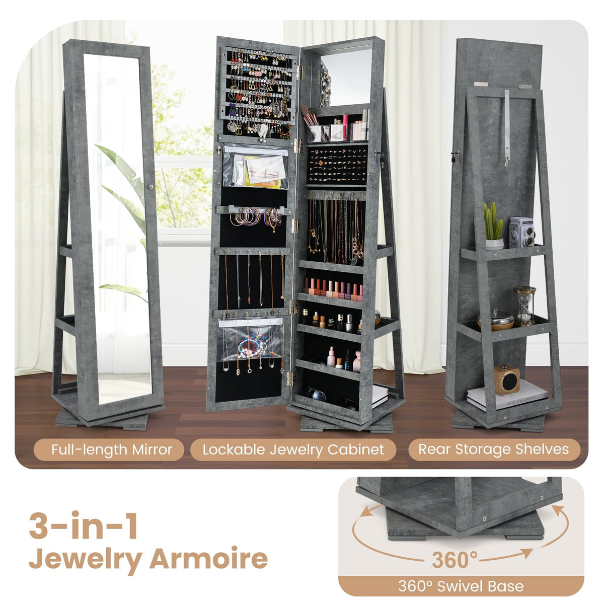 360° Rotatable 2-in-1 Lockable Jewelry Cabinet with Full-Length Mirror-Green-Jewelry Armoires-DECOROLALA