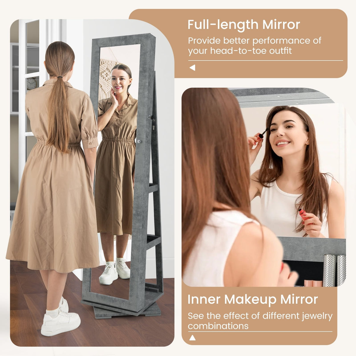 360° Rotatable 2-in-1 Lockable Jewelry Cabinet with Full-Length Mirror-Green-Jewelry Armoires-DECOROLALA