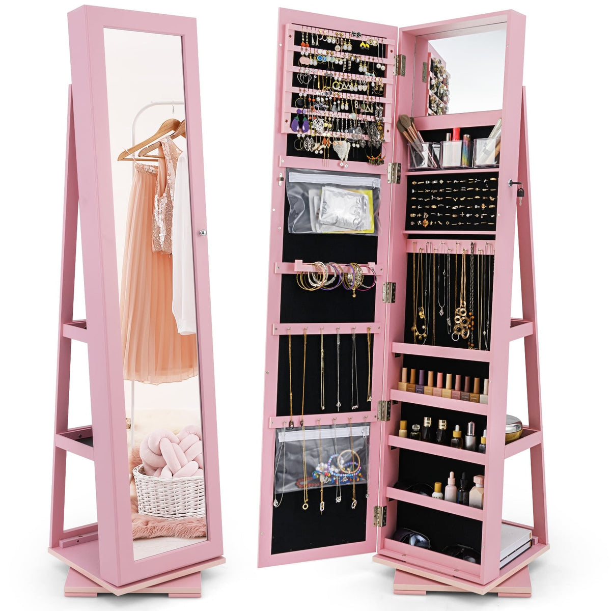 360° Rotatable 2-in-1 Lockable Jewelry Cabinet with Full-Length Mirror-Pink-Jewelry Armoires-DECOROLALA