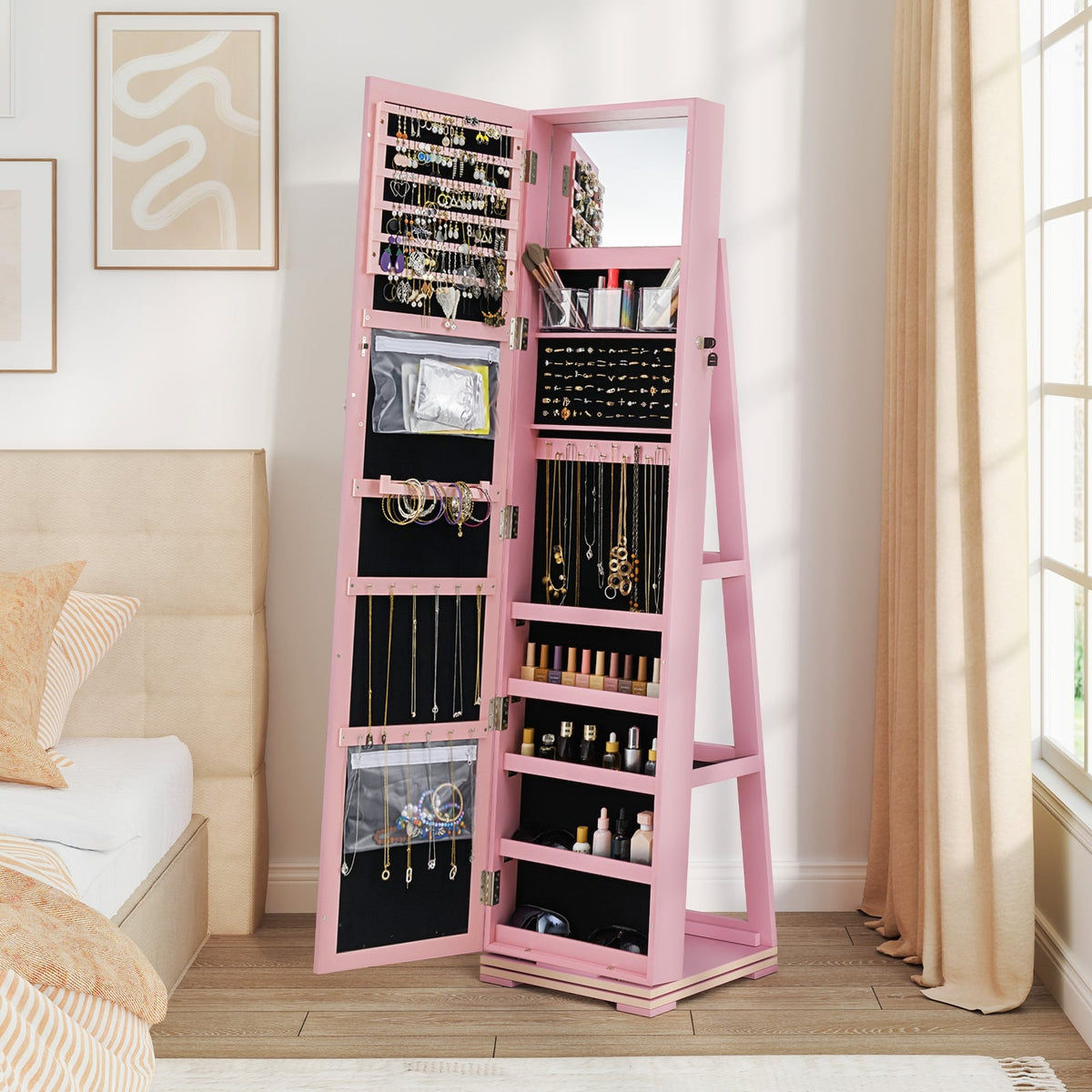 360° Rotatable 2-in-1 Lockable Jewelry Cabinet with Full-Length Mirror-Pink-Jewelry Armoires-DECOROLALA