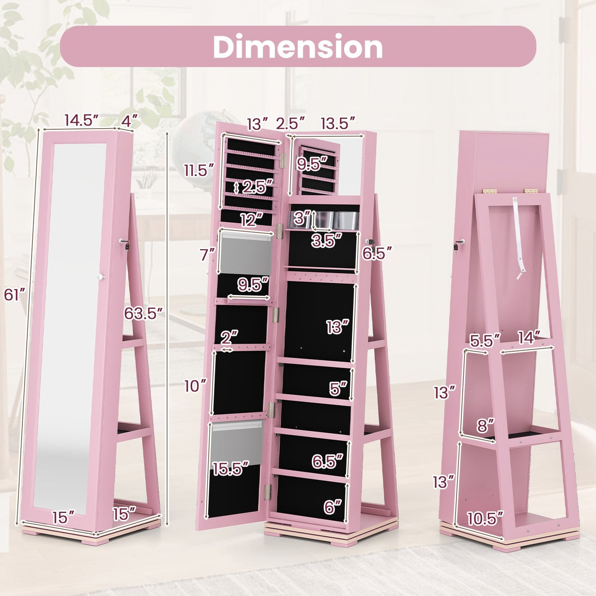360° Rotatable 2-in-1 Lockable Jewelry Cabinet with Full-Length Mirror-Pink-Jewelry Armoires-DECOROLALA
