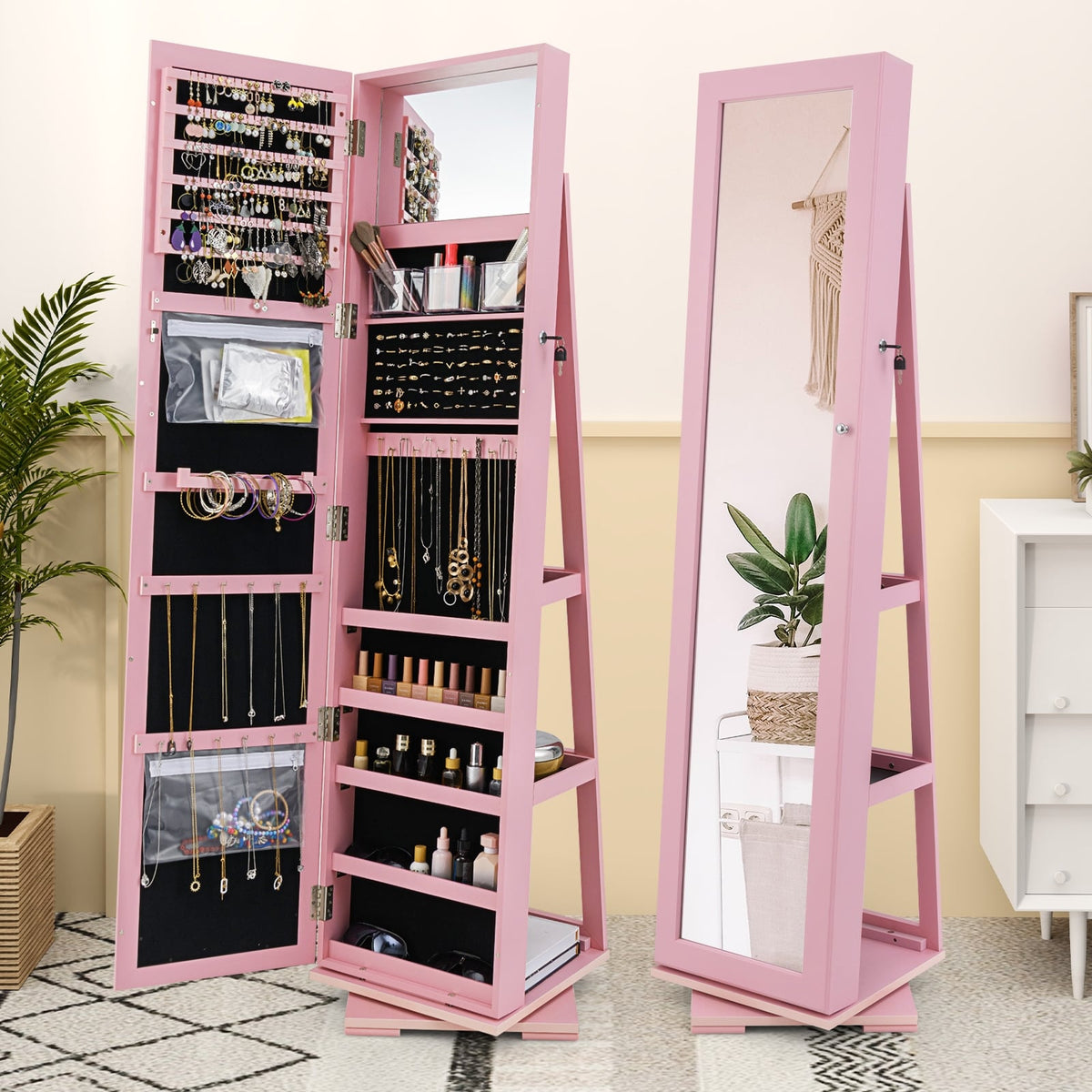 360° Rotatable 2-in-1 Lockable Jewelry Cabinet with Full-Length Mirror-Pink-Jewelry Armoires-DECOROLALA