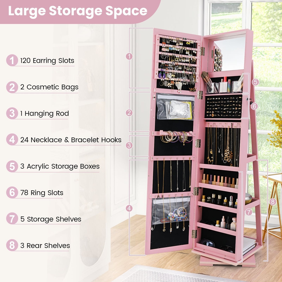360° Rotatable 2-in-1 Lockable Jewelry Cabinet with Full-Length Mirror-Pink-Jewelry Armoires-DECOROLALA