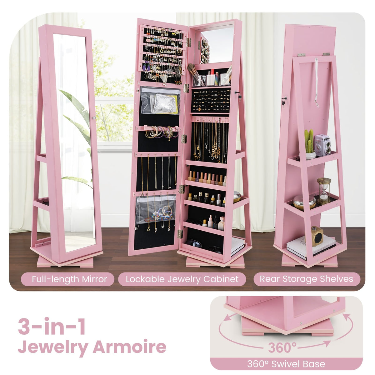 360° Rotatable 2-in-1 Lockable Jewelry Cabinet with Full-Length Mirror-Pink-Jewelry Armoires-DECOROLALA