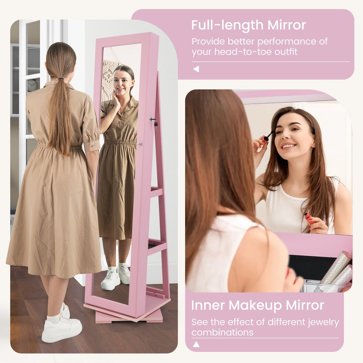360° Rotatable 2-in-1 Lockable Jewelry Cabinet with Full-Length Mirror-Pink-Jewelry Armoires-DECOROLALA