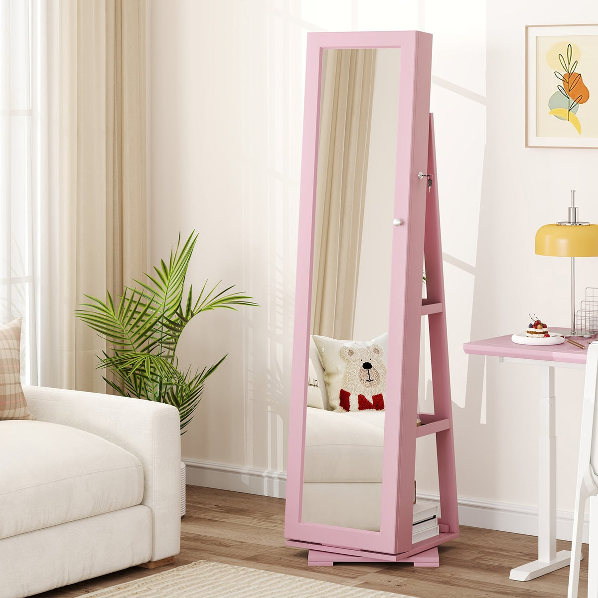 360° Rotatable 2-in-1 Lockable Jewelry Cabinet with Full-Length Mirror-Pink-Jewelry Armoires-DECOROLALA