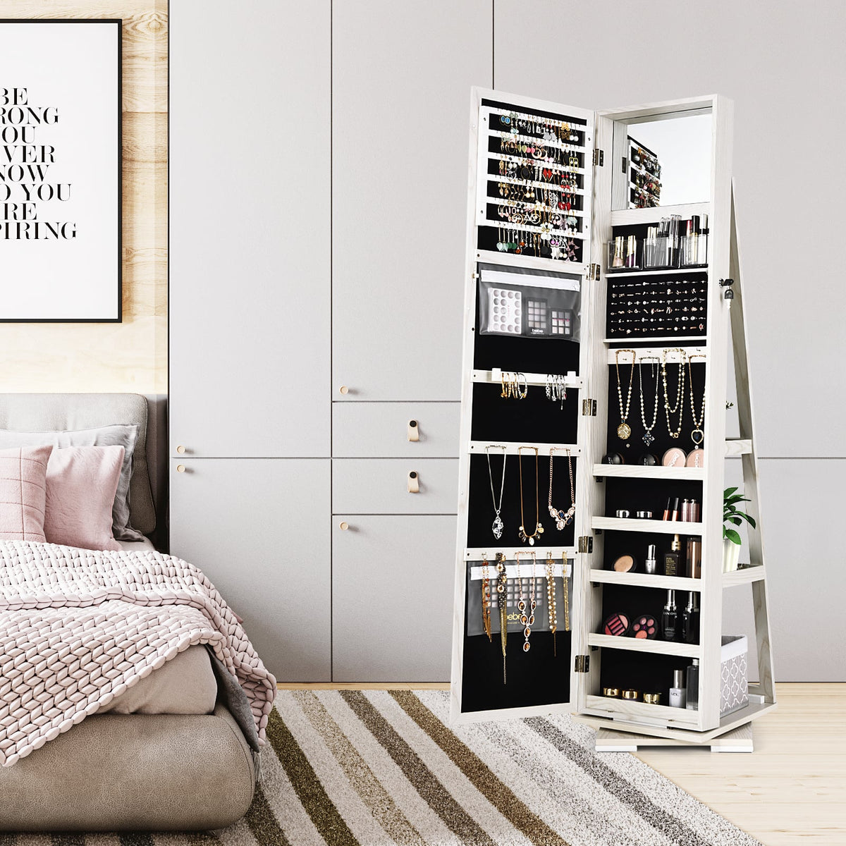 360° Rotatable 2-in-1 Lockable Jewelry Cabinet with Full-Length Mirror-White-Jewelry Armoires-DECOROLALA