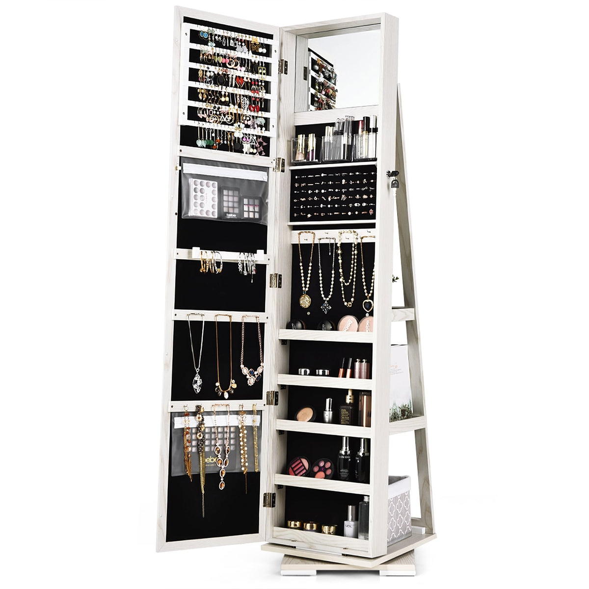 360° Rotatable 2-in-1 Lockable Jewelry Cabinet with Full-Length Mirror-White-Jewelry Armoires-DECOROLALA