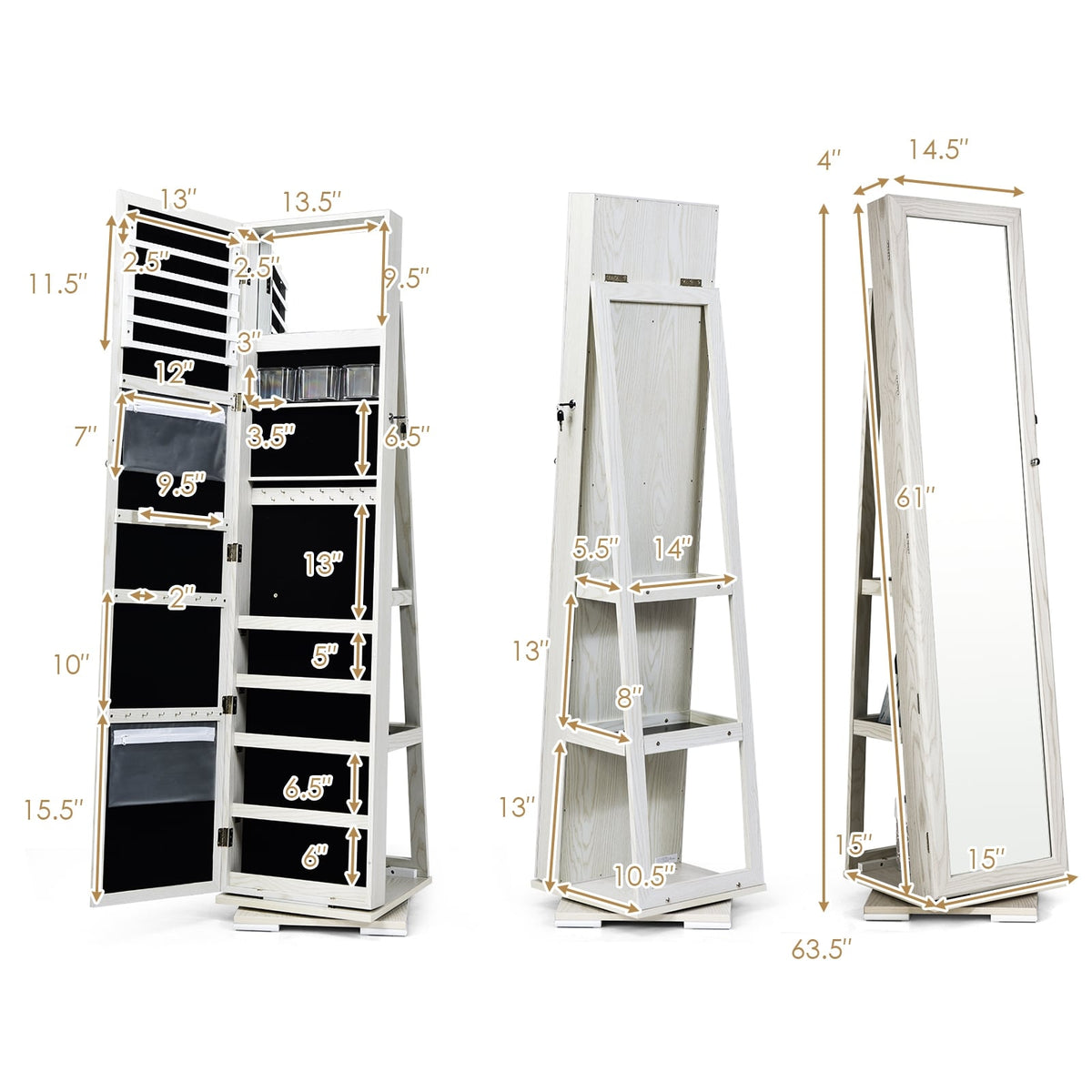 360° Rotatable 2-in-1 Lockable Jewelry Cabinet with Full-Length Mirror-White-Jewelry Armoires-DECOROLALA