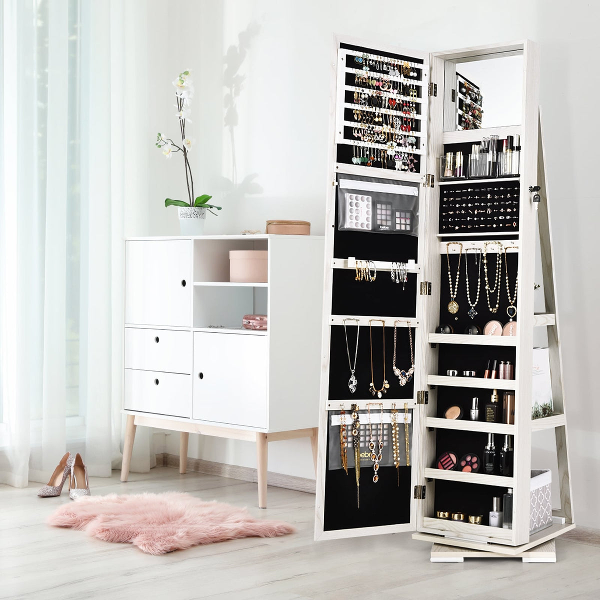 360° Rotatable 2-in-1 Lockable Jewelry Cabinet with Full-Length Mirror-White-Jewelry Armoires-DECOROLALA