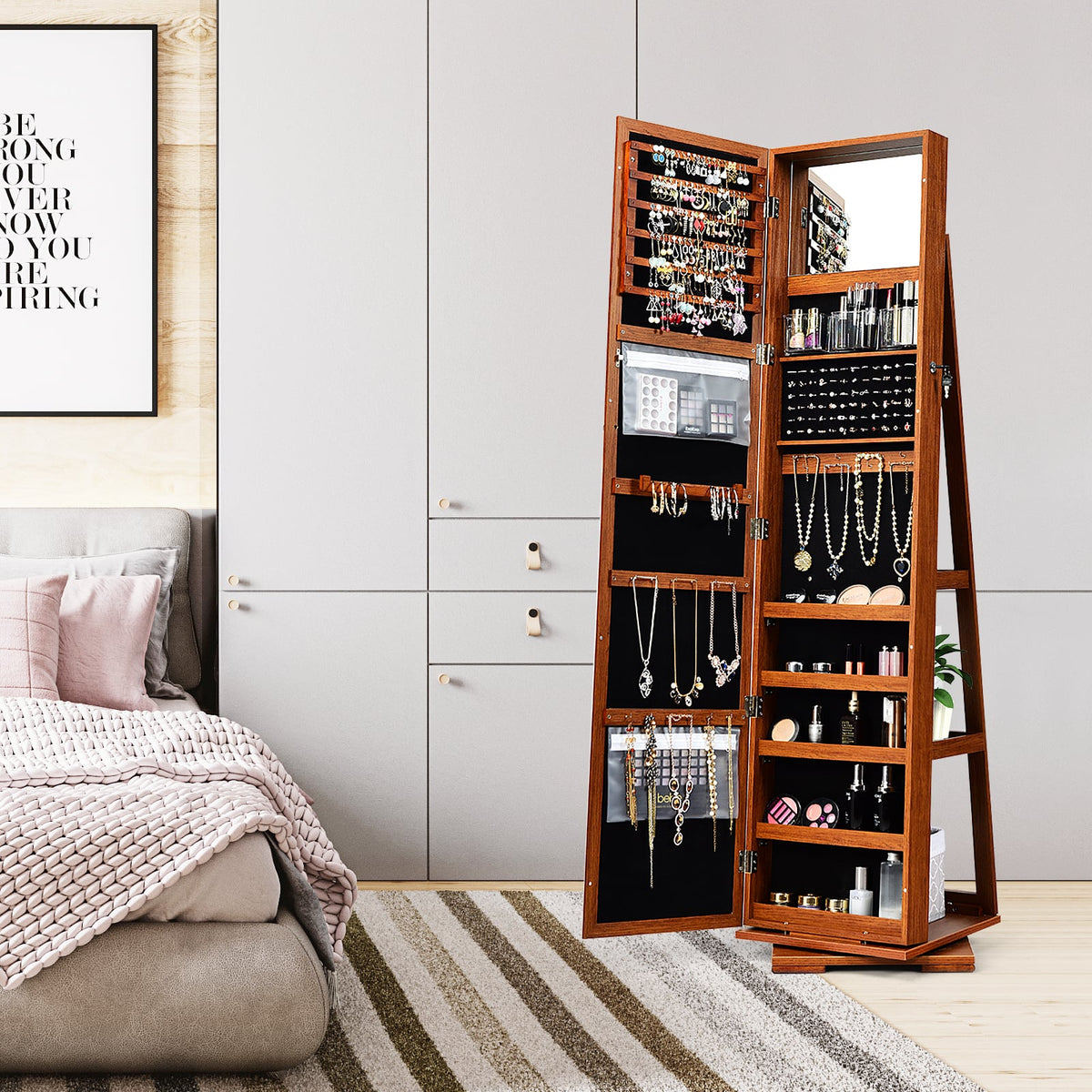 360° Rotatable Armoire 2-in-1 Lockable Mirrored Jewelry Cabinet-Brown-Jewelry Armoires-DECOROLALA