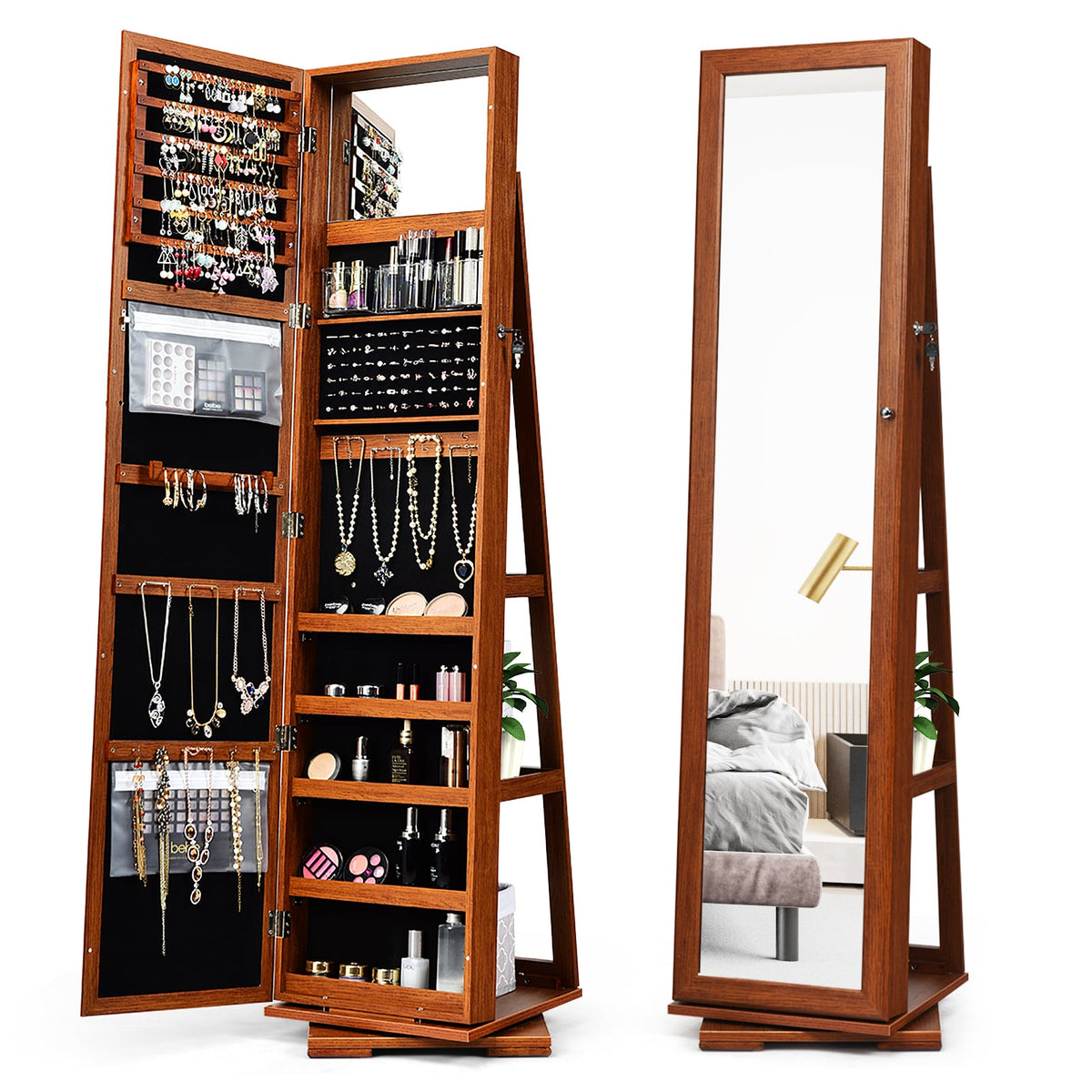 360° Rotatable Armoire 2-in-1 Lockable Mirrored Jewelry Cabinet-Brown-Jewelry Armoires-DECOROLALA