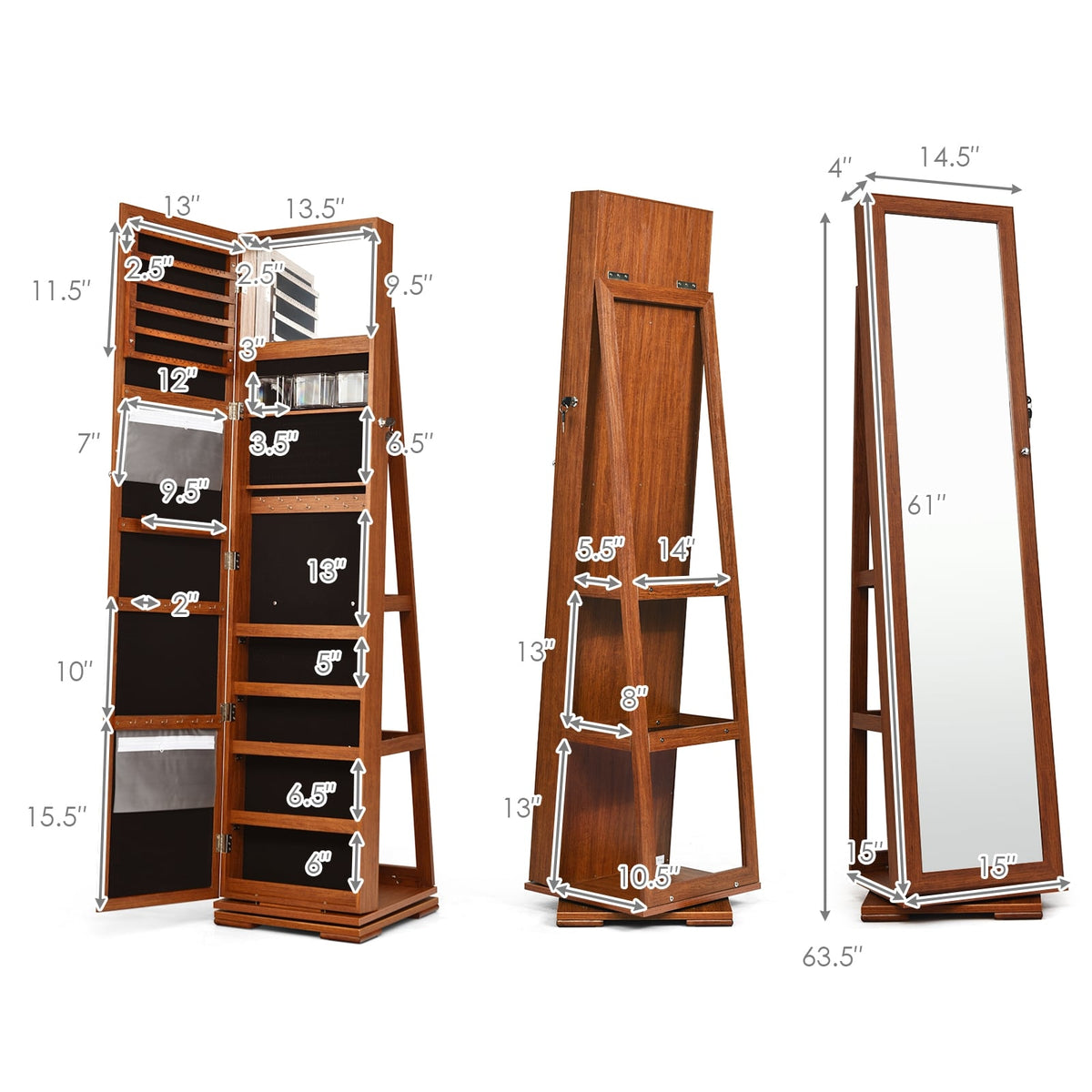 360° Rotatable Armoire 2-in-1 Lockable Mirrored Jewelry Cabinet-Brown-Jewelry Armoires-DECOROLALA