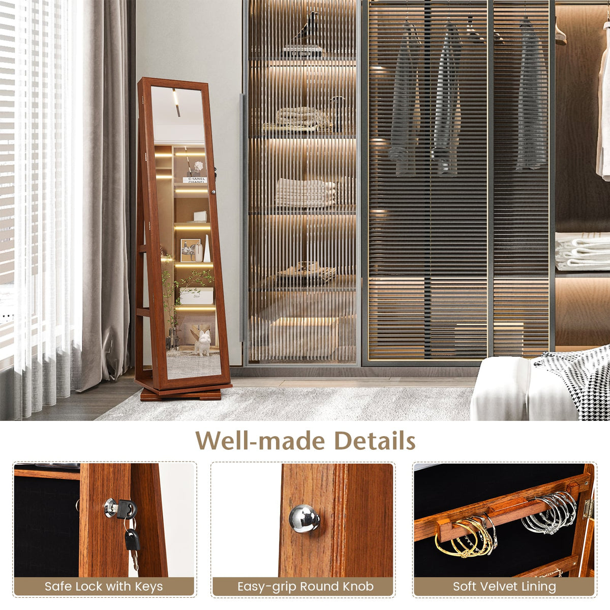 360° Rotatable Armoire 2-in-1 Lockable Mirrored Jewelry Cabinet-Brown-Jewelry Armoires-DECOROLALA