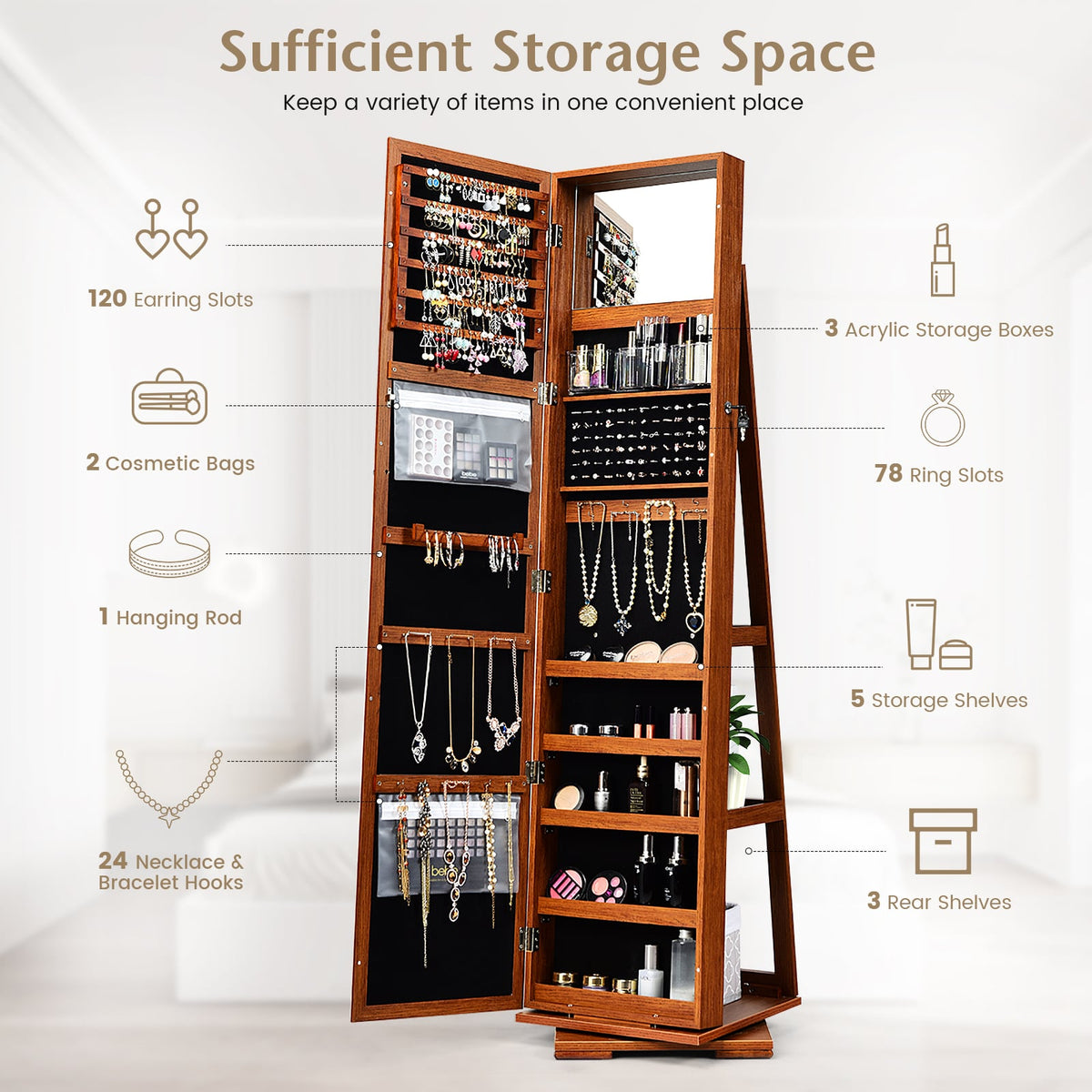 360° Rotatable Armoire 2-in-1 Lockable Mirrored Jewelry Cabinet-Brown-Jewelry Armoires-DECOROLALA