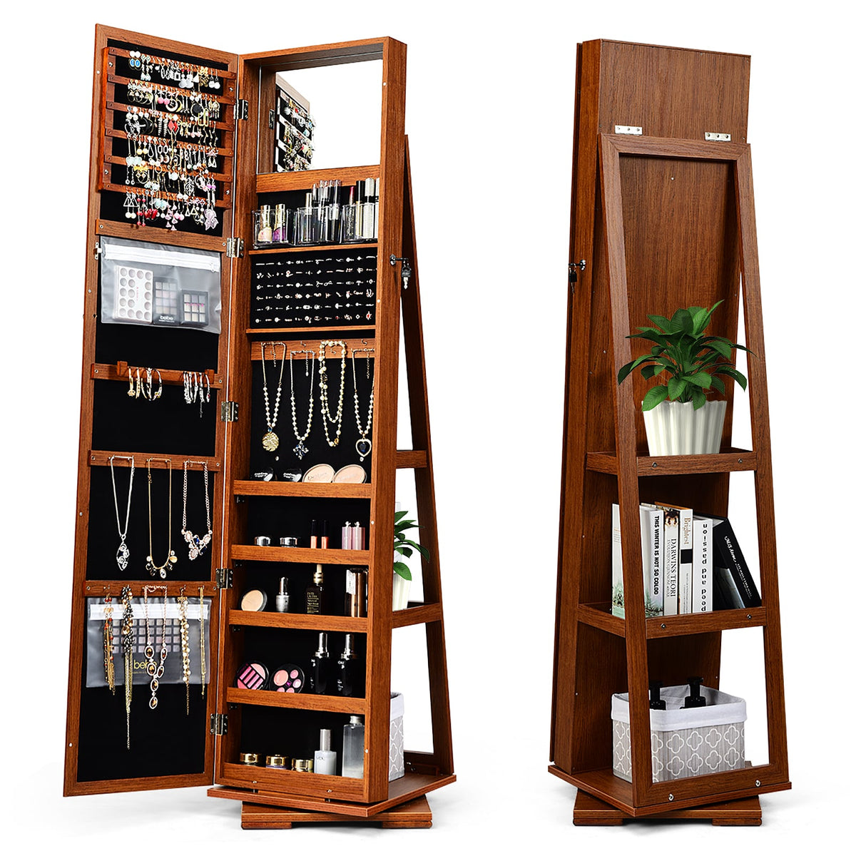 360° Rotatable Armoire 2-in-1 Lockable Mirrored Jewelry Cabinet-Brown-Jewelry Armoires-DECOROLALA