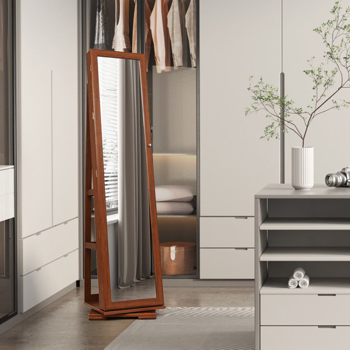 360° Rotatable Armoire 2-in-1 Lockable Mirrored Jewelry Cabinet-Brown-Jewelry Armoires-DECOROLALA