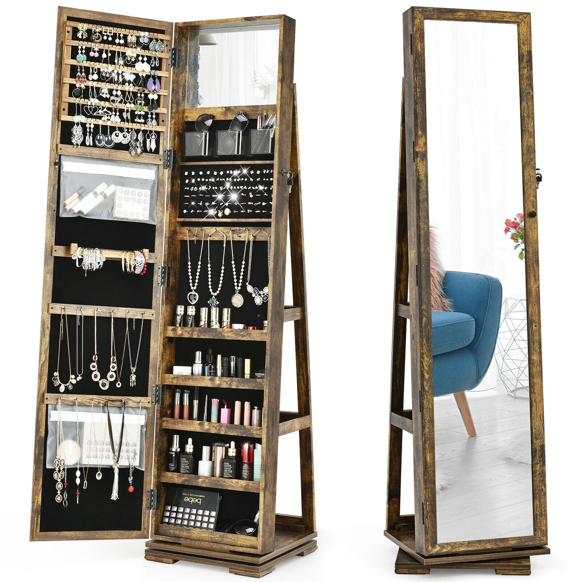 360° Rotatable Armoire 2-in-1 Lockable Mirrored Jewelry Cabinet-Rustic Brown-Jewelry Armoires-DECOROLALA