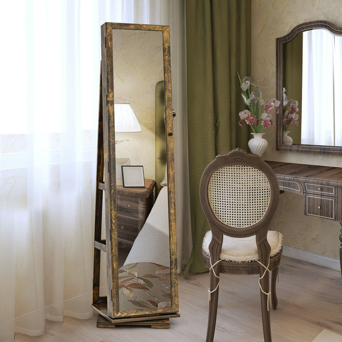360° Rotatable Armoire 2-in-1 Lockable Mirrored Jewelry Cabinet-Rustic Brown-Jewelry Armoires-DECOROLALA