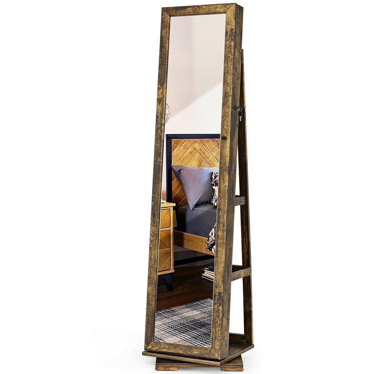 360° Rotatable Armoire 2-in-1 Lockable Mirrored Jewelry Cabinet-Rustic Brown-Jewelry Armoires-DECOROLALA