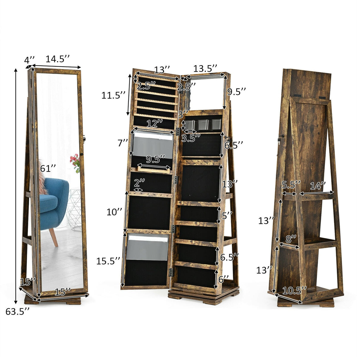 360° Rotatable Armoire 2-in-1 Lockable Mirrored Jewelry Cabinet-Rustic Brown-Jewelry Armoires-DECOROLALA
