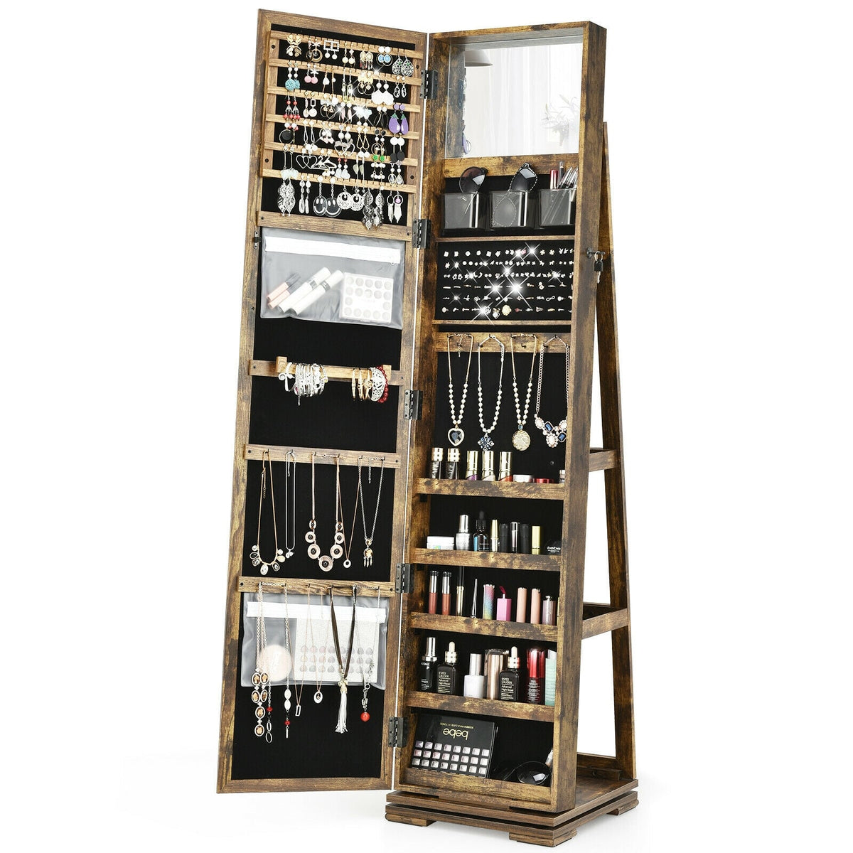 360° Rotatable Armoire 2-in-1 Lockable Mirrored Jewelry Cabinet-Rustic Brown-Jewelry Armoires-DECOROLALA