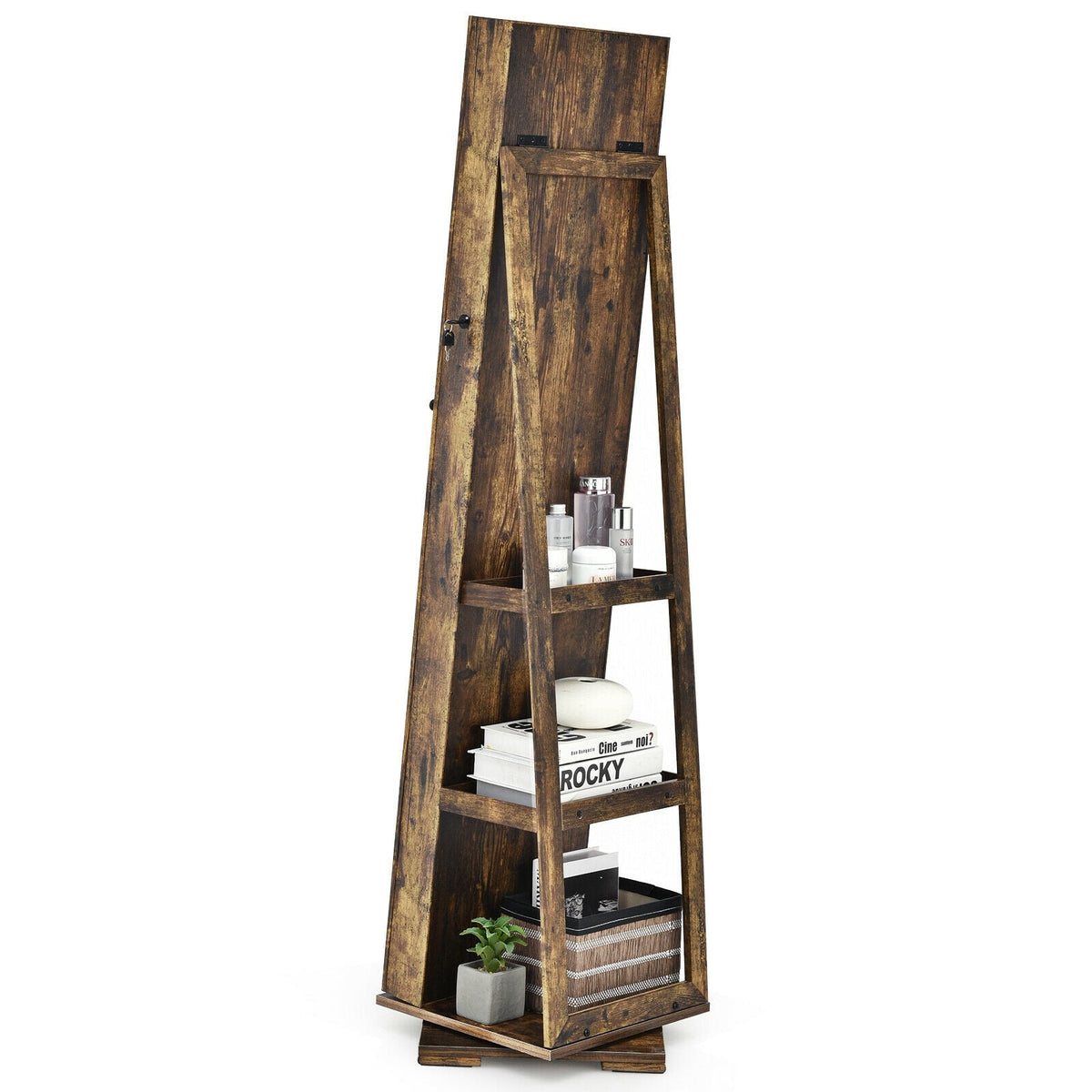 360° Rotatable Armoire 2-in-1 Lockable Mirrored Jewelry Cabinet-Rustic Brown-Jewelry Armoires-DECOROLALA
