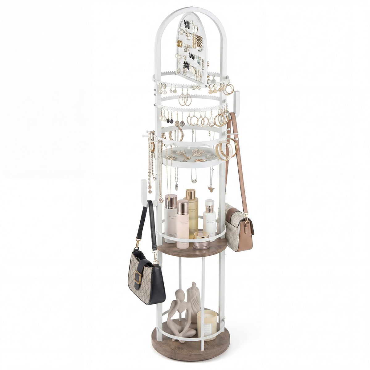 360° Rotating Floor Jewelry Storage Rack with 3 Shelves-Gray-Jewelry Armoires-DECOROLALA