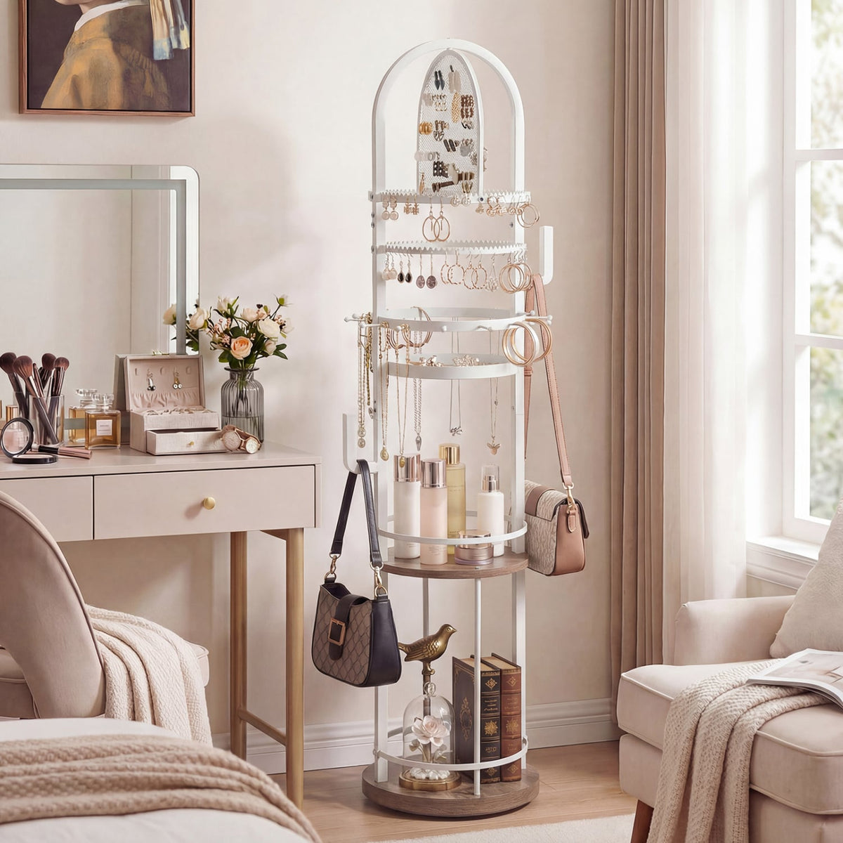 360° Rotating Floor Jewelry Storage Rack with 3 Shelves-Gray-Jewelry Armoires-DECOROLALA