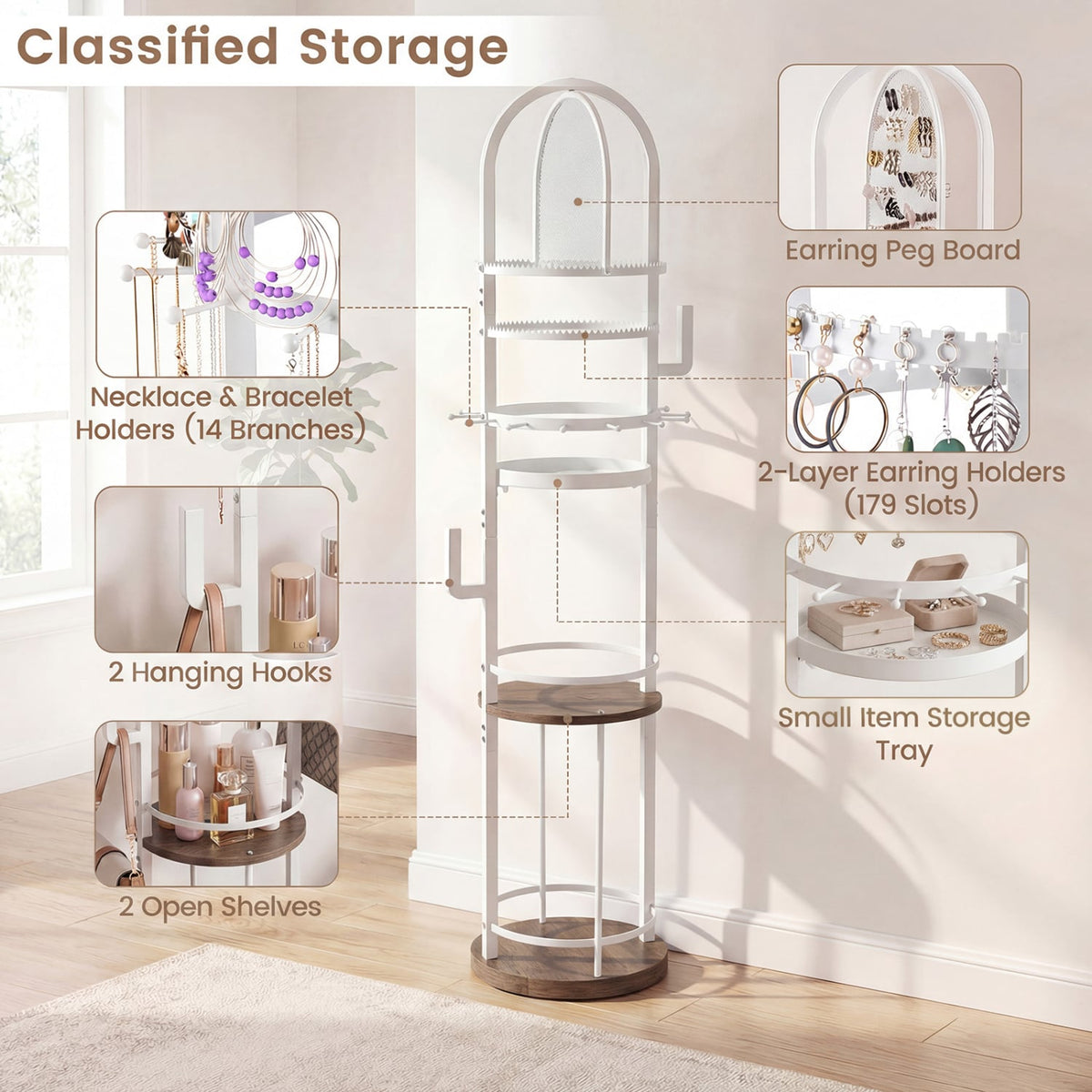 360° Rotating Floor Jewelry Storage Rack with 3 Shelves-Gray-Jewelry Armoires-DECOROLALA