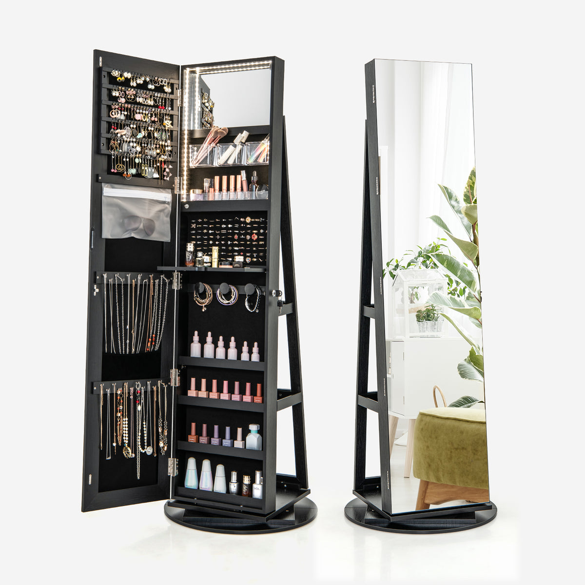 360° Rotating Mirrored Jewelry Cabinet Armoire 3 Color LED Modes Lockable-Black-Jewelry Armoires-DECOROLALA