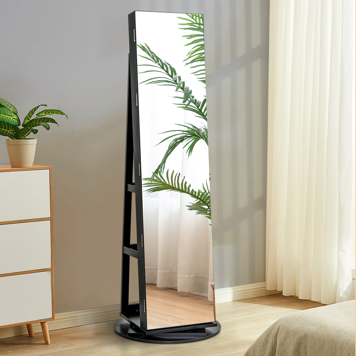360° Rotating Mirrored Jewelry Cabinet Armoire 3 Color LED Modes Lockable-Black-Jewelry Armoires-DECOROLALA
