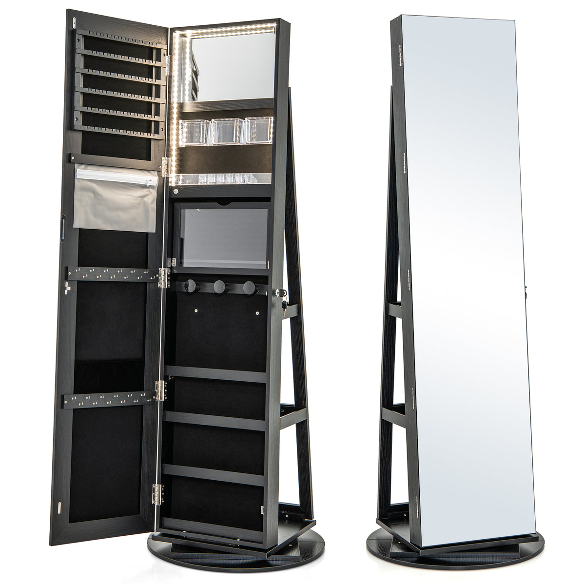 360° Rotating Mirrored Jewelry Cabinet Armoire 3 Color LED Modes Lockable-Black-Jewelry Armoires-DECOROLALA