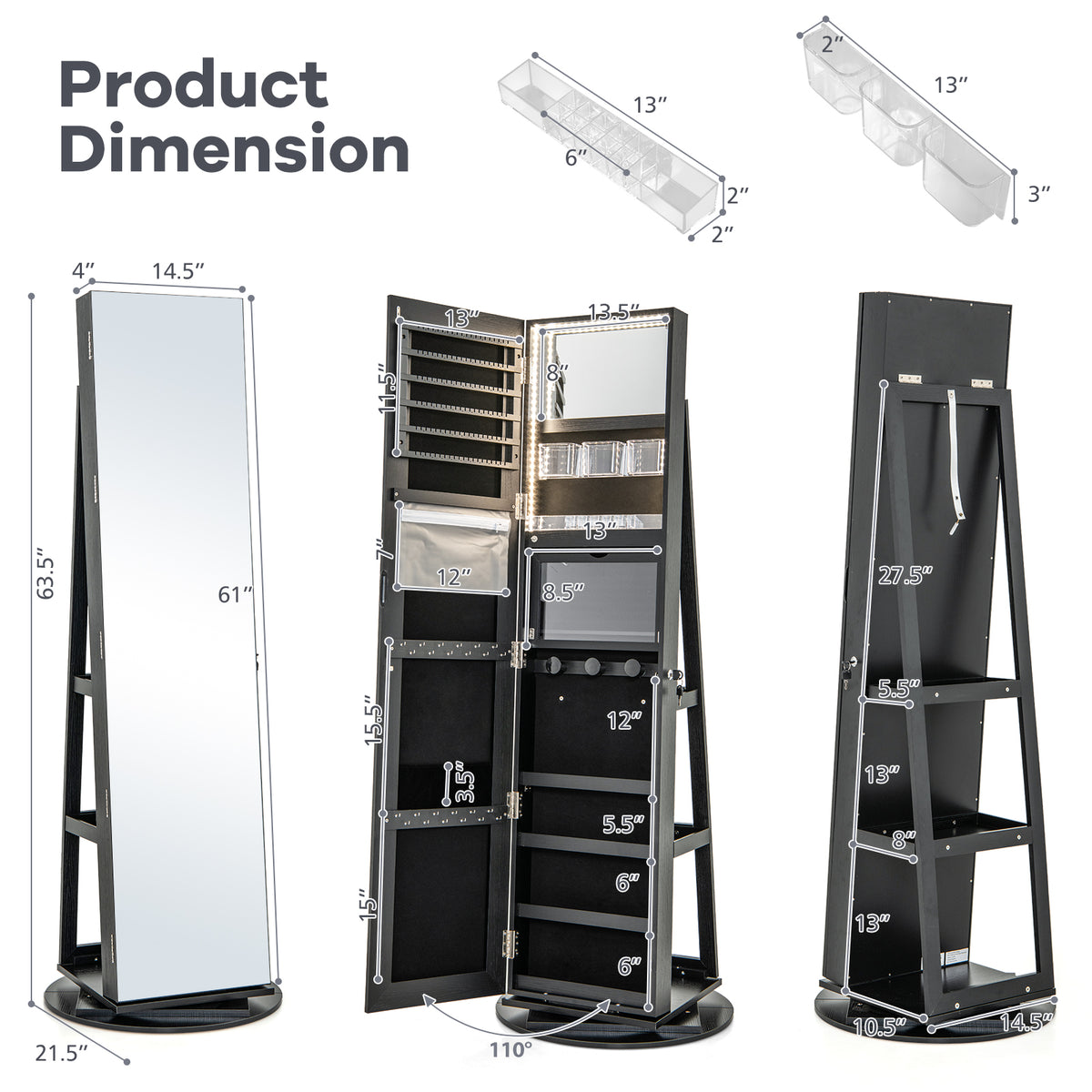 360° Rotating Mirrored Jewelry Cabinet Armoire 3 Color LED Modes Lockable-Black-Jewelry Armoires-DECOROLALA