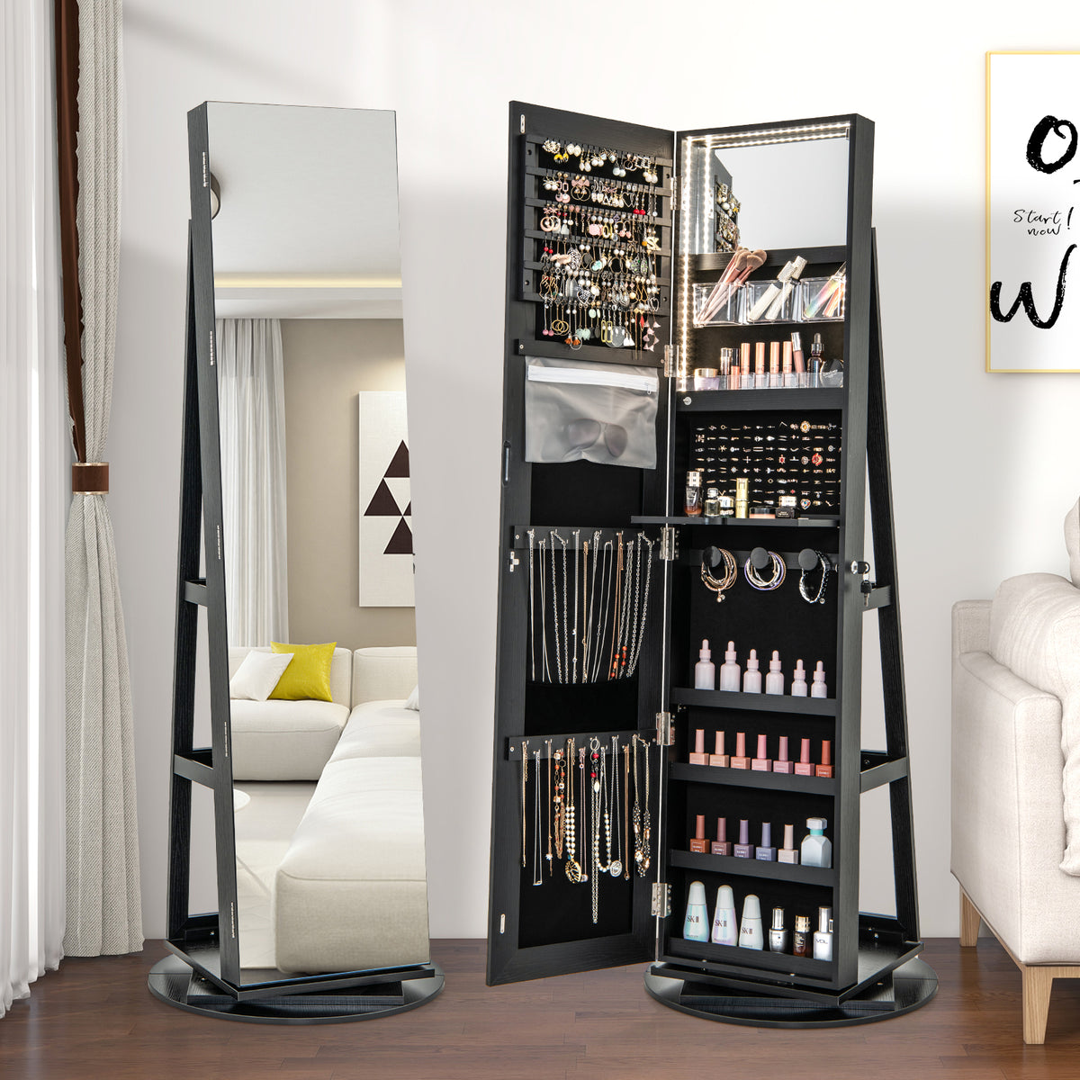 360° Rotating Mirrored Jewelry Cabinet Armoire 3 Color LED Modes Lockable-Black-Jewelry Armoires-DECOROLALA