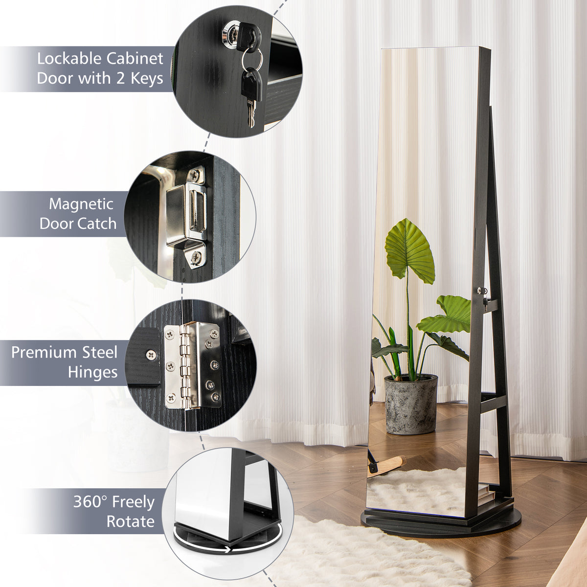 360° Rotating Mirrored Jewelry Cabinet Armoire 3 Color LED Modes Lockable-Black-Jewelry Armoires-DECOROLALA