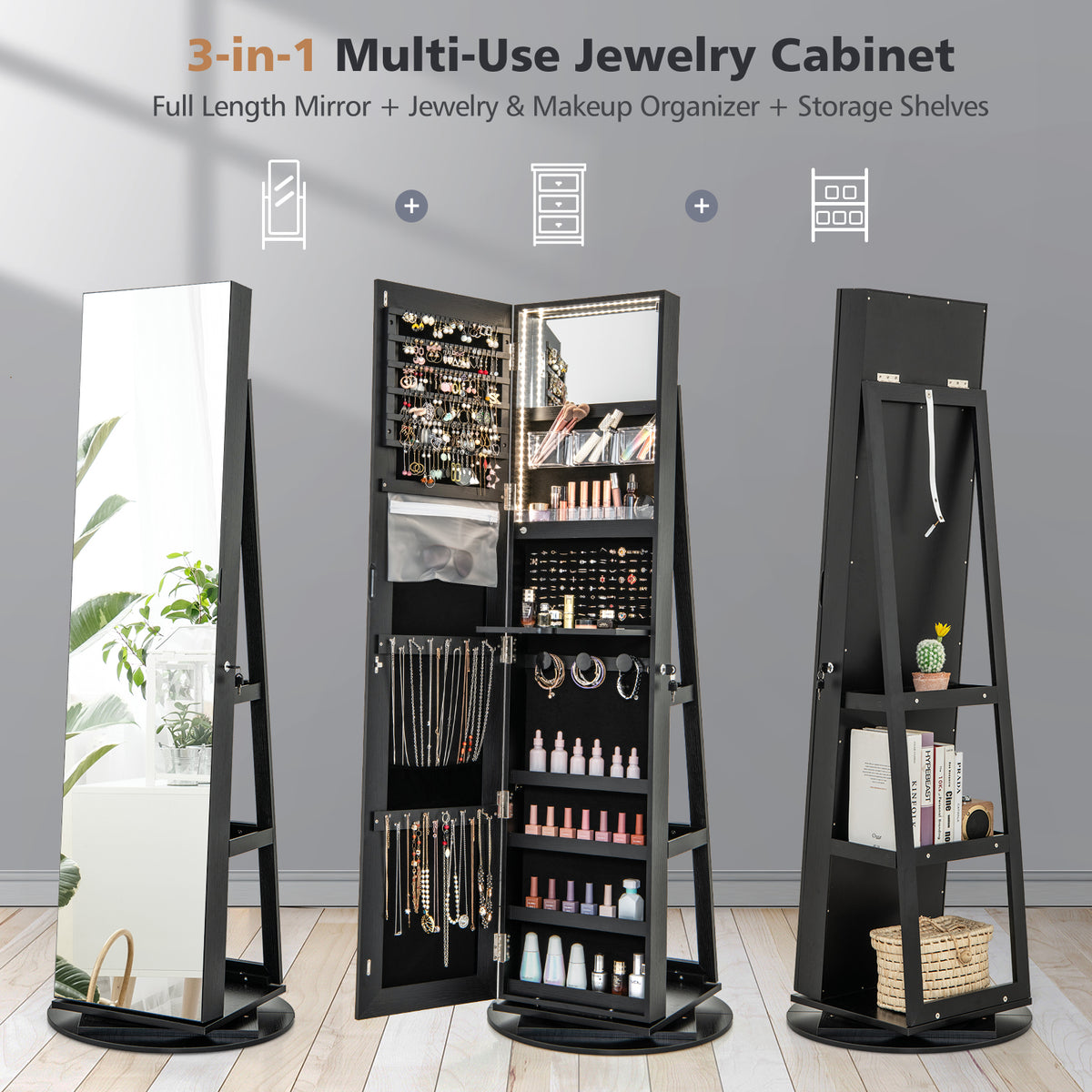 360° Rotating Mirrored Jewelry Cabinet Armoire 3 Color LED Modes Lockable-Black-Jewelry Armoires-DECOROLALA