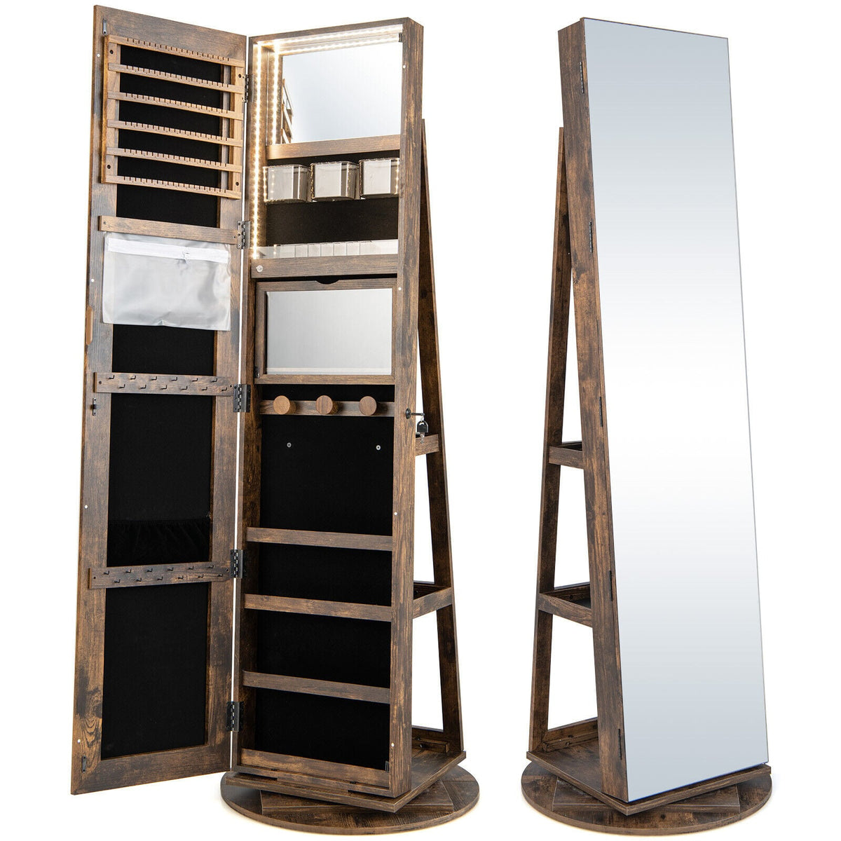 360° Rotating Mirrored Jewelry Cabinet Armoire 3 Color LED Modes Lockable-Brown-Jewelry Armoires-DECOROLALA