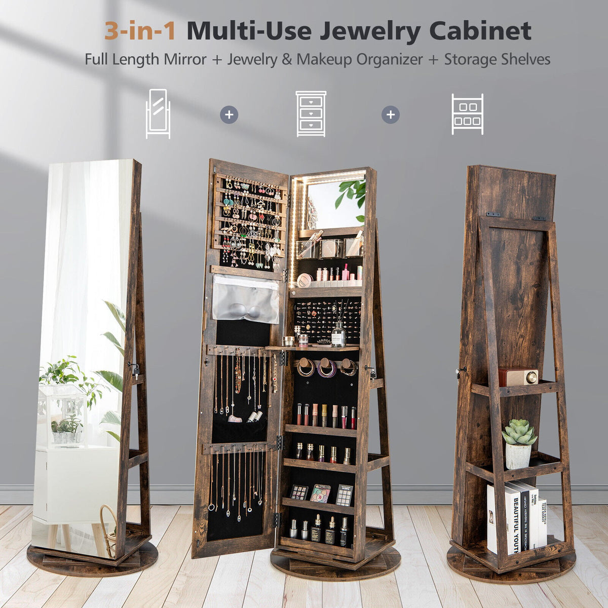 360° Rotating Mirrored Jewelry Cabinet Armoire 3 Color LED Modes Lockable-Brown-Jewelry Armoires-DECOROLALA