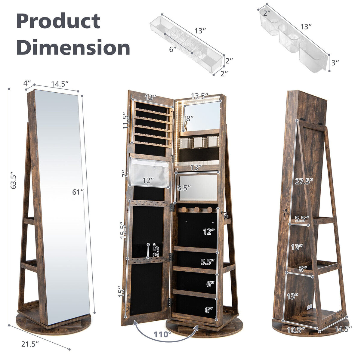 360° Rotating Mirrored Jewelry Cabinet Armoire 3 Color LED Modes Lockable-Brown-Jewelry Armoires-DECOROLALA