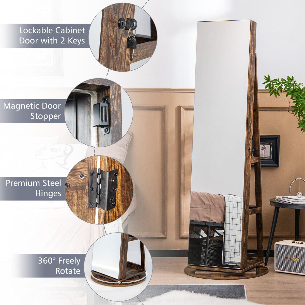 360° Rotating Mirrored Jewelry Cabinet Armoire 3 Color LED Modes Lockable-Brown-Jewelry Armoires-DECOROLALA