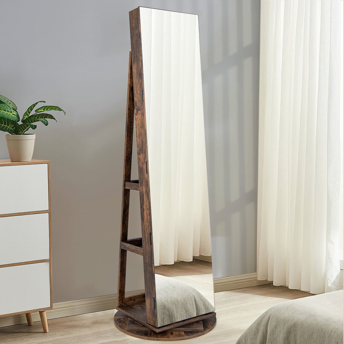 360° Rotating Mirrored Jewelry Cabinet Armoire 3 Color LED Modes Lockable-Brown-Jewelry Armoires-DECOROLALA