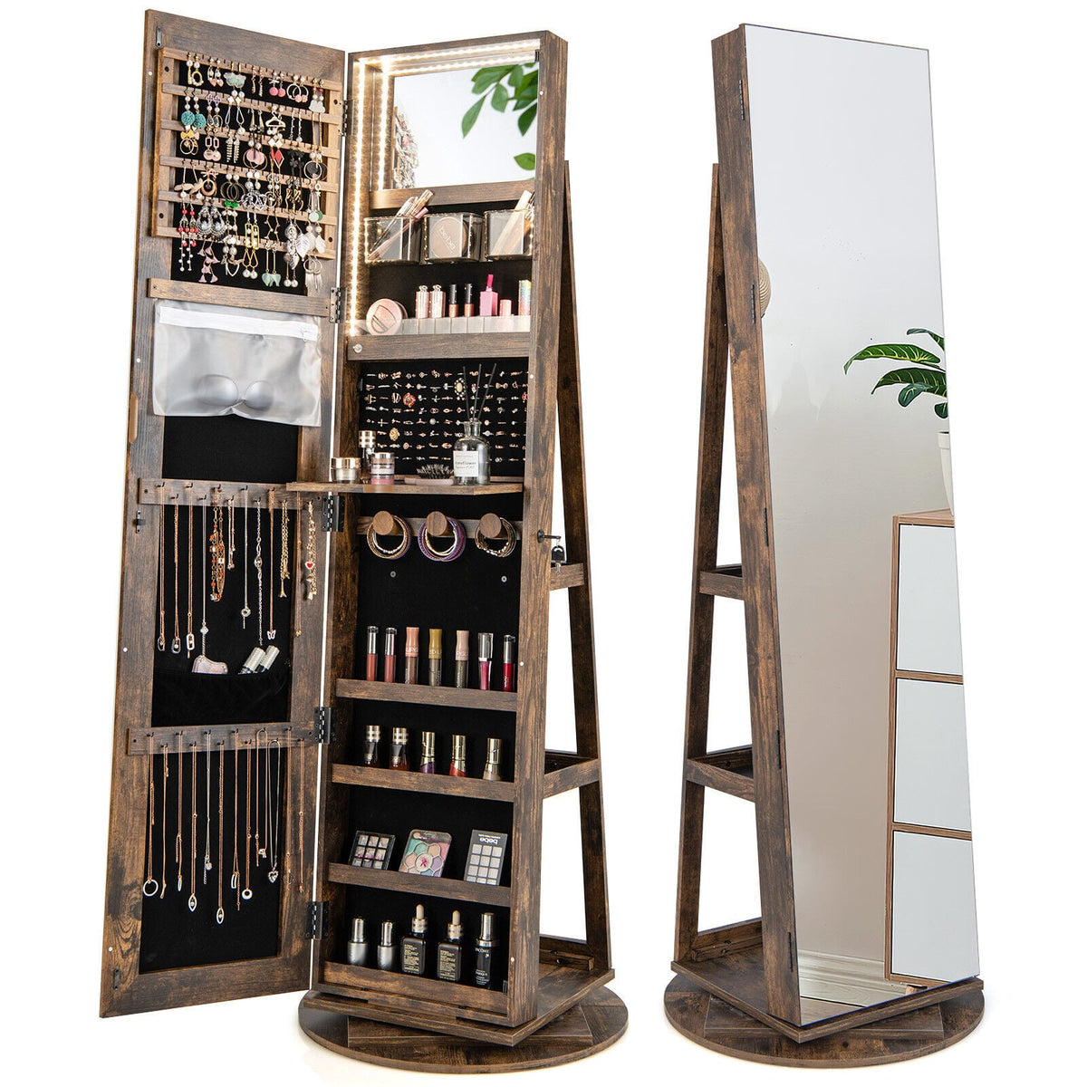360° Rotating Mirrored Jewelry Cabinet Armoire 3 Color LED Modes Lockable-Brown-Jewelry Armoires-DECOROLALA